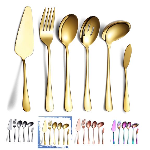 Holzlrgus 6-Piece Gold Serving Flatware Silverware Set,Stainless Steel Serving Utensil Set,Include Cake Server, Slotted Serving Spoon, Serving Spoon, Cold Meat Fork, Butter Knife, Soup Ladle