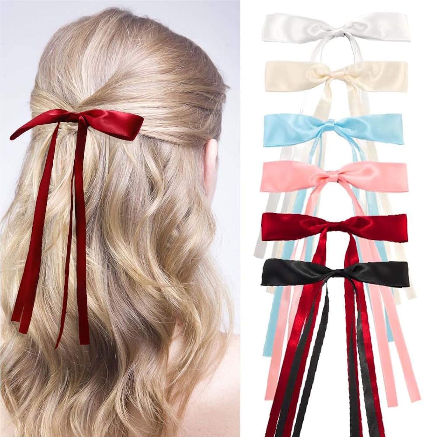 Holzlrgus 6pcs Satin Bow Hair Clips for Women Girls, Hair Bows Ribbons for Hair Bowknot Hair Clips with Long Tail, Coquette Long Hair Accessories Barrettes Hair Clips With Bow (Classic)