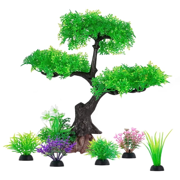 Holzlrgus Aquarium Artificial Plastic Plants Decoration, Green Tree & Grass Aquarium Decor, Goldfish Tank Decorations Set, Betta Fish Tank Hides Complete Tree Decoration Accessories Kit (Green)