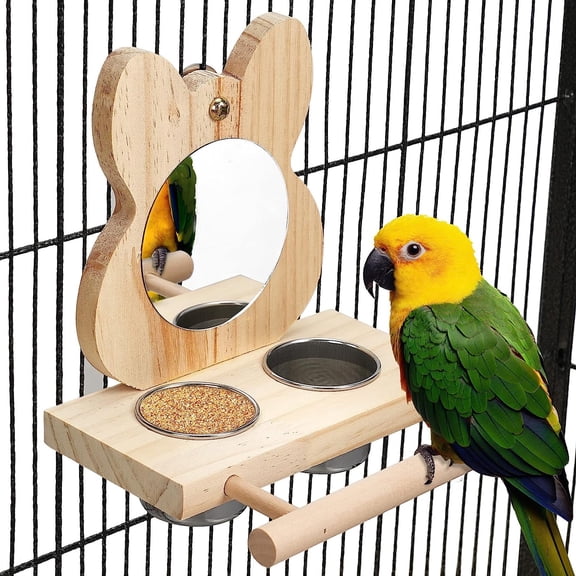 Holzlrgus Bird Perch with Mirror and Stainless Steel Feeding Cups,Wooden Parrot Mirror Toy for Bird Cage, Bird Food Water Feeder Perches for Budgie Parakeet Lovebird African Grey Macaw Cockatiels