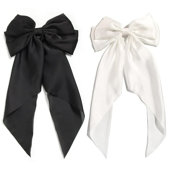 Holzlrgus Black Hair Bows for Women,Big White Bows for Girls Hair Satin Hair Bow Clips Barrettes 2pc Large Hair Ribbons Oversized Long-tail Cute Aesthetic Hair Accessories Christmas Birthday Gifts
