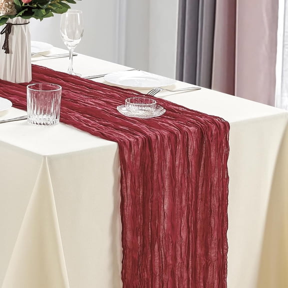Holzlrgus Cheesecloth Table Runner 35 x 118 Inches Gauze Table Runner 10Ft Boho Rustic Decorations for Wedding Decor Reception Bridal Shower Holiday Party, Burgundy