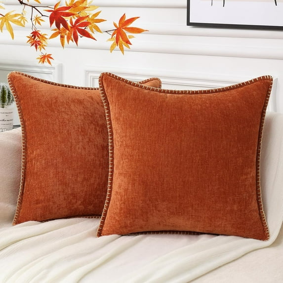 Holzlrgus Chenille Soft Fall Throw Pillow Covers 18x18 Set of 2, Farmhouse Velvet Pillow Covers, Decorative Square Pillow Covers with Stitched Edge for Couch Sofa Bed, Rust