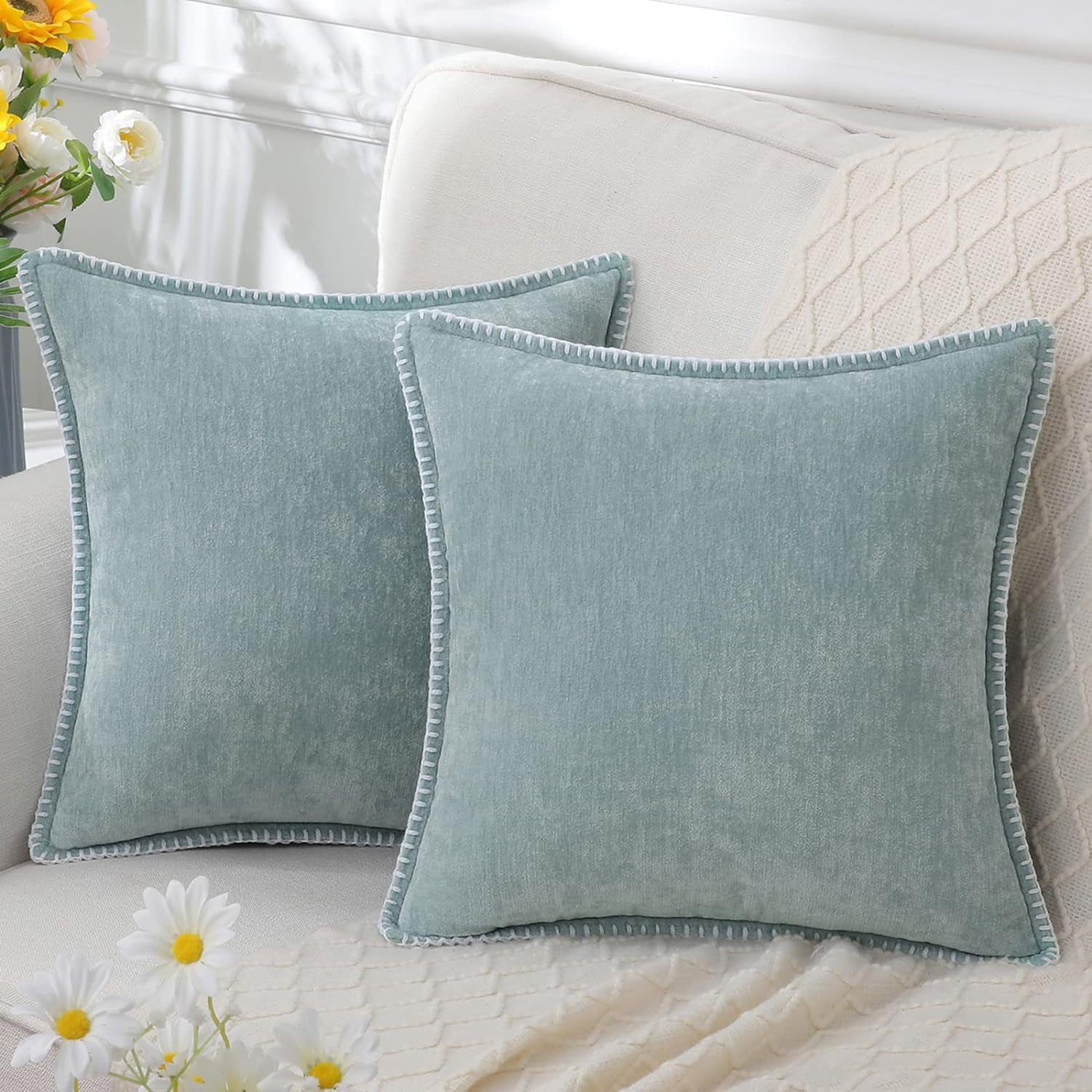 Holzlrgus Chenille Soft Throw Pillow Covers 18x18 Set of 2, Farmhouse