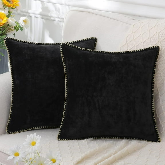 Holzlrgus Chenille Soft Throw Pillow Covers 20x20 Set of 2, Farmhouse Velvet Pillow Covers, Decorative Square Pillow Covers with Stitched Edge for Couch Sofa Bed, Black