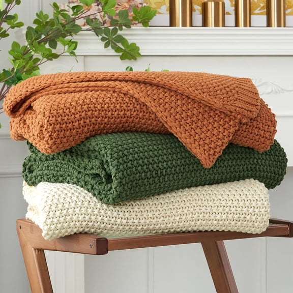 Holzlrgus Chunky Cable Knit Throw Blanket Lightweight Beige 100% Organic Cotton Blanket for Sofa Couch Bed Baby Nursery, Rustic Shabby Chic Modern Farmhouse, 51” x 63” Give Laundering Bag