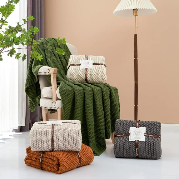 Holzlrgus Chunky Cable Knit Throw Blanket Lightweight Grey 100% Organic Cotton Blanket for Sofa Couch Bed Baby Nursery, Rustic Shabby Chic Modern Farmhouse, Gray 51” x 63” Give Laundering Bag