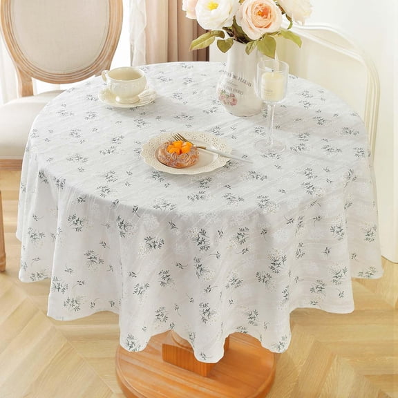 Holzlrgus Cotton Blend Round Tablecloth 48 Inch, White Printed Machine Washable Farmhouse Table Cloth, Wrinkle Free Table Cover for Patio Table, Picnic, Dining Room(White Floral, Round 48" Dia)