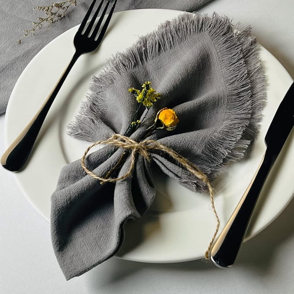 Holzlrgus Handmade Cloth Napkins, Cotton Linen Cloth Napkins with Fringe, Versatile Handmade Square Rustic Fringe Napkins for Dinner, Wedding and Parties, 18 x 18 Inches Set of 6, Gray