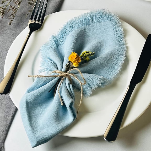 Holzlrgus Handmade Cloth Napkins, Cotton Linen Cloth Napkins with Fringe, Versatile Handmade Square Rustic Fringe Napkins for Dinner, Wedding and Parties, 18 x 18 Inches Set of 6, Light Blue