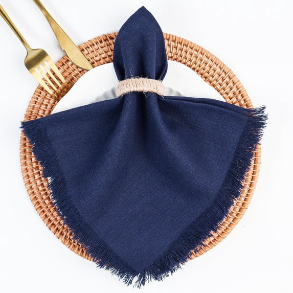 Holzlrgus Handmade Cloth Napkins, Linen Cloth Napkins with Fringe, 18 x 18 Inches Set of 4 Versatile Handmade Square Rustic Fringe Napkins for Dinner, Wedding and Parties, Navy Blue