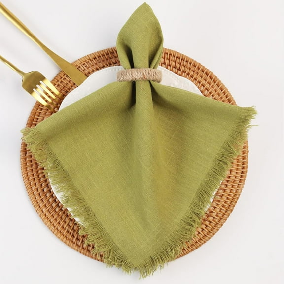 Holzlrgus Handmade Cloth Napkins, Linen Cloth Napkins with Fringe, 18 x 18 Inches Set of 4 Versatile Handmade Square Rustic Fringe Napkins for Dinner, Wedding and Parties, Grass Green