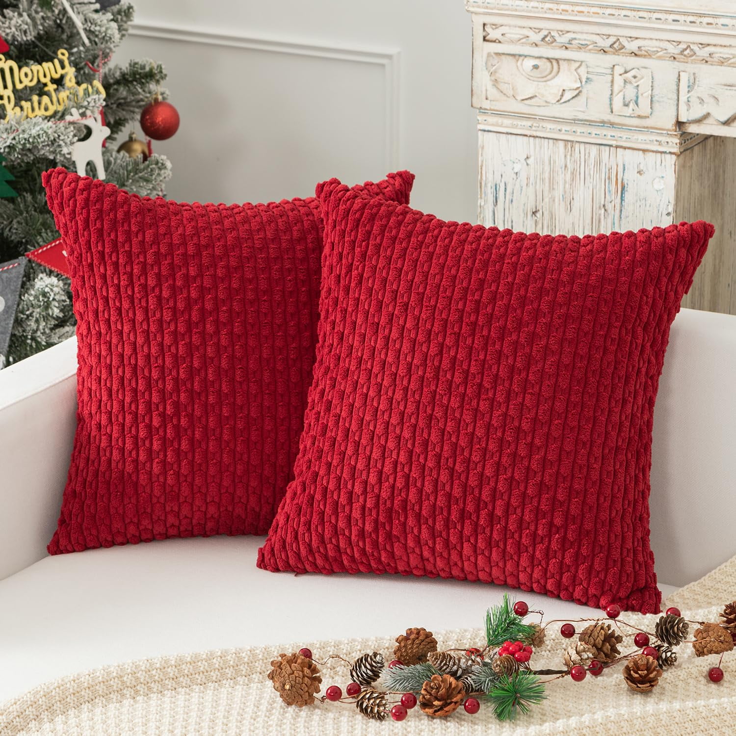 Holzlrgus Pack of 2 Corduroy Decorative Throw Pillow Covers 22x22 Inch Soft Boho Striped Pillow Covers Modern Farmhouse Home Decor for Spring Sofa Living Room Couch Bed Burgundy