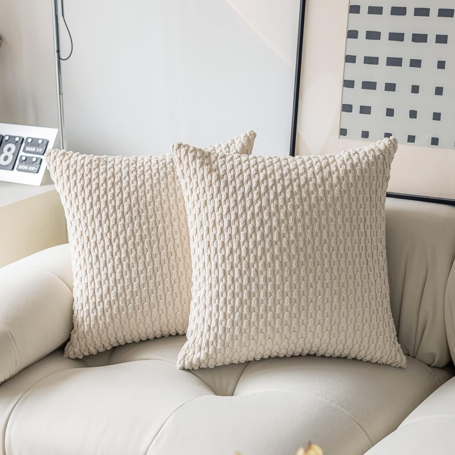 Holzlrgus Pillow Covers Decorative Set of 2 Striped Corduroy Plush Velvet Pillowcases Cushion Cover for Couch, 16x16 inch, Cream