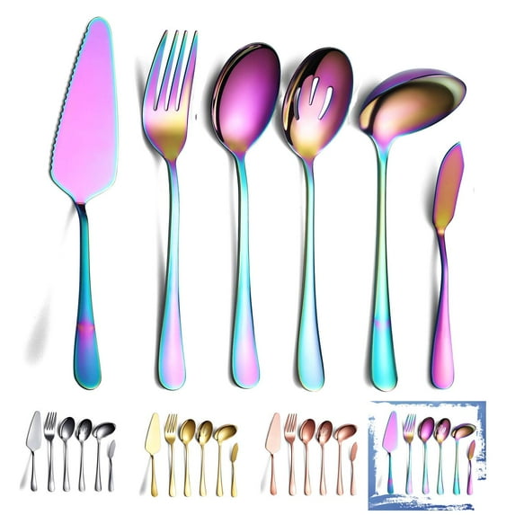 Holzlrgus Rainbow Serving Spoons Set 6 Pieces, Serving Utensils Set Include Cake Server Slotted Spoon Serving Spoon Serving Fork Ladle Butter Knife Spreader Serving Set Dishwasher Safe