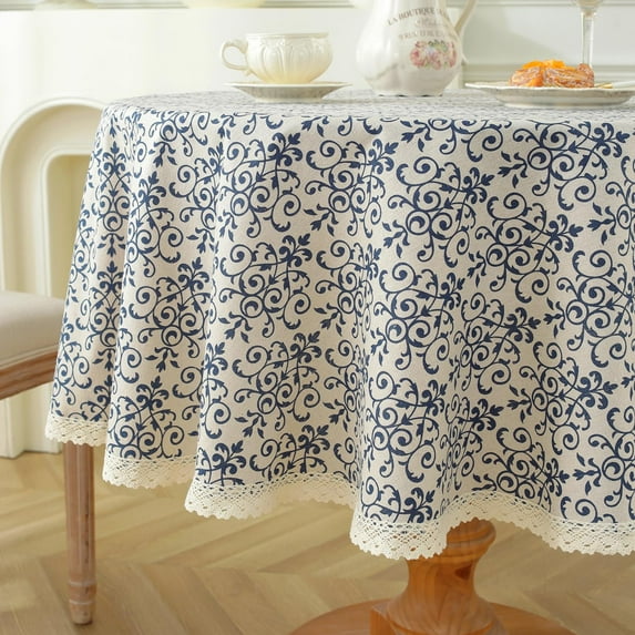 Holzlrgus Round Floral Tablecloth with Lace Border 60 Inch, Vintage Linen Fabric Washable Table Cloth, Blue Damask Pattern Table Cover for Patio Table, Picnic, Dining Room(Blue, Round 60" Dia)