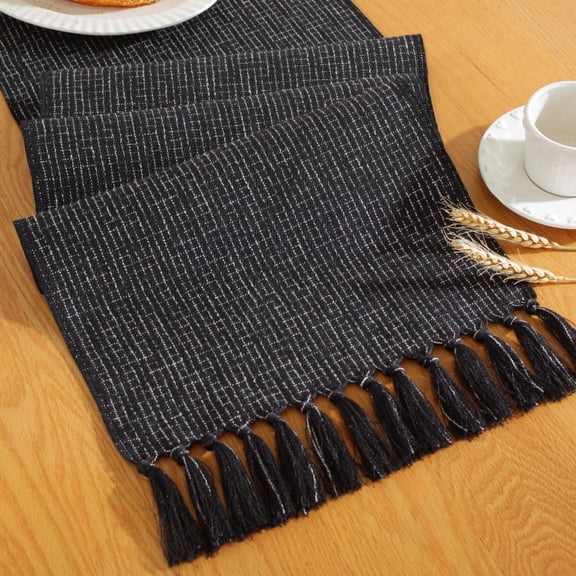 Holzlrgus Rustic Table Runner with Tassels, Boho Farmhouse Halloween Table Runners 108 Inches Long for Holiday Party, Wedding and Dining Table Decor, 13x108 Inches, Black