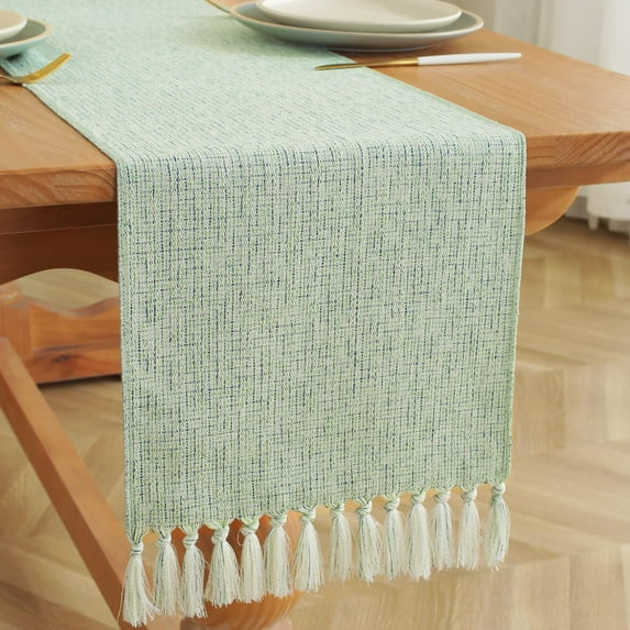 Holzlrgus Rustic Table Runner with Tassels, Boho Farmhouse Table Runners 90 Inches Long for Holiday Party, Wedding and Dining Table Decor, 13x90 Inches, Light Blue Green