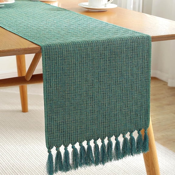 Holzlrgus Rustic Table Runner with Tassels, Boho Farmhouse Table Runners 90 Inches Long for Holiday Party, Wedding and Dining Table Decor, 13x90 Inches, Dark Green