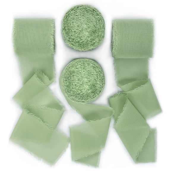 Holzlrgus Sage Green Handmade Fringe Chiffon Silk Ribbon 1-3/4" x 7Yd 4 Rolls Frayed Ribbons for Wedding Invitations Bridal Bouquets Wrapping