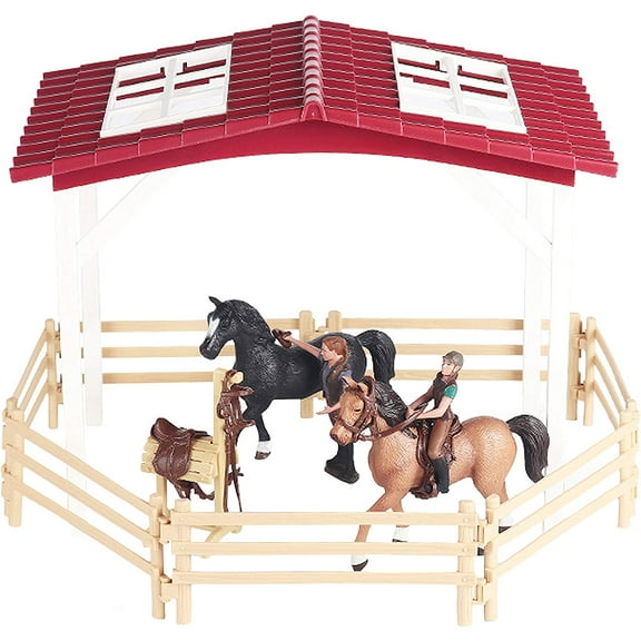 Holzlrgus Simulated Realistic Farm Horse Stable with Wash Stall Set Miniature Farmer Feeder Horse Figurines for Collection Educational Props