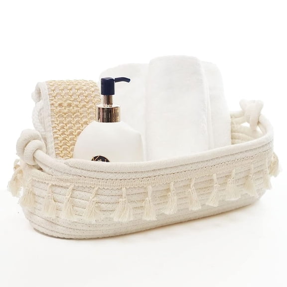 Holzlrgus Small Cotton Rope Woven Basket Toilet Paper Baskets for Organizing Decorative Basket for Boho Decor Small Storage Basket for Bedroom Nursery Livingroom Entryway,White