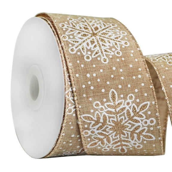 Holzlrgus Snowflakes Satin Christmas Wired Ribbon Wreath Glitter Ribbon, 2.5’’ x 10 Yards x 1 Roll Burlap Ribbon Wired for Craft Packing, Gift Wrapping, Tree Topper Bow DIY (Natural)