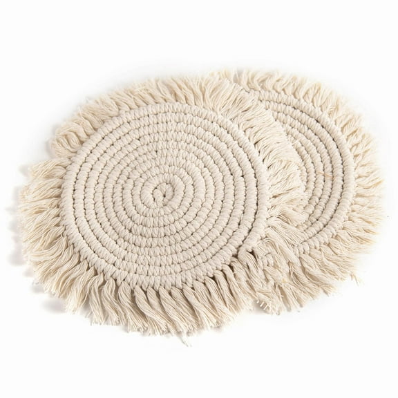 Holzlrgus Thick Pot Holder Macrame Trivets Round Tassel Placemats Cotton Rope Placemats Boho Coaster Handmade Hot Dishes Set of 2, 10inch