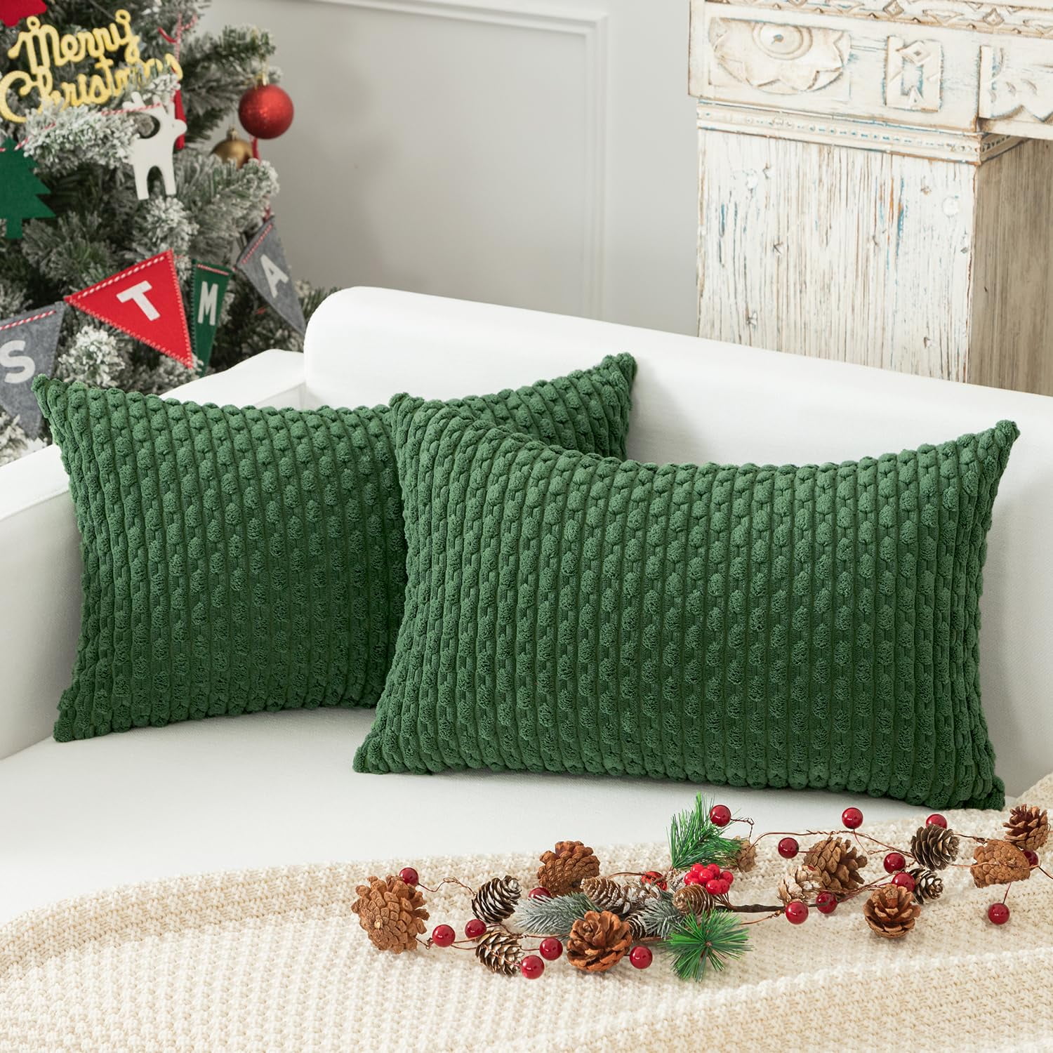 Holzlrgus Throw Pillow Covers 12x20 inch Soft Striped Decorative Cushion Cases with Hidden Zipper for Couch Sofa Bed, 2 Pieces, Dark Green