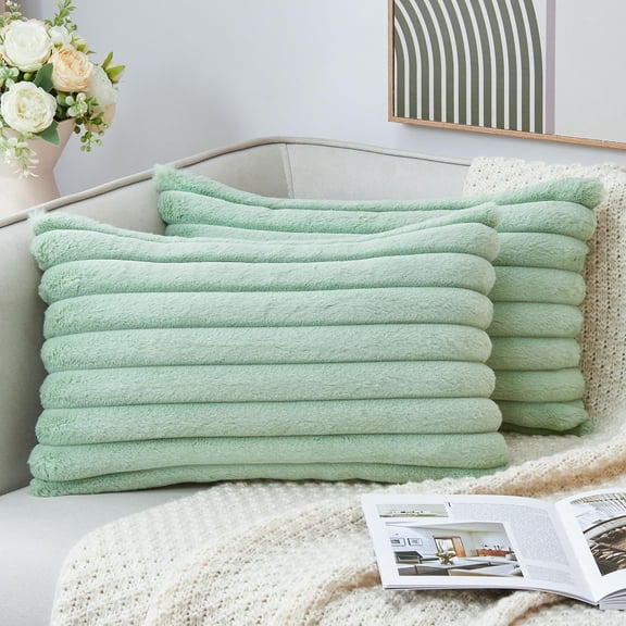 Holzlrgus Throw Pillow Covers Decorative Faux Fur Set of 2 12x20 Inch Pillow Covers, Soft Sage Green Lumbar Plush Striped Pillowcases for Couch Sofa Bed Living Room, Fluffy Cute Home Boho Accent Decor
