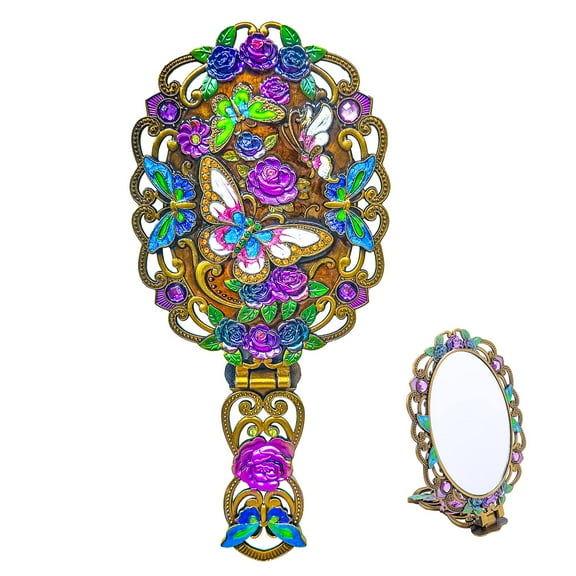 Holzlrgus Vintage Makeup Mirror Metal Vanity Mirror Folding Hand Mirror Tabletop Antique Decorative Makeup Mirror Embossed Colorful Butterfly Flowers Hand Held Mirror with Adjustable Folding Handle