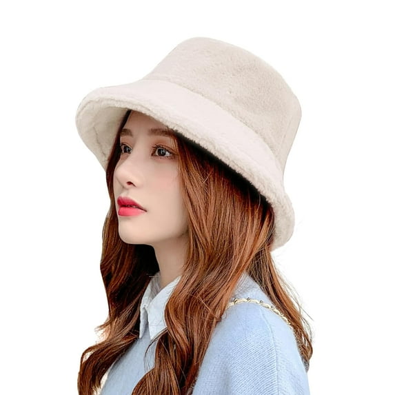 Holzlrgus Winter Fluffy Bucket Hat for Women Girls Fuzzy Warm Bucket Hat with Faux Fur Fisherman Cap