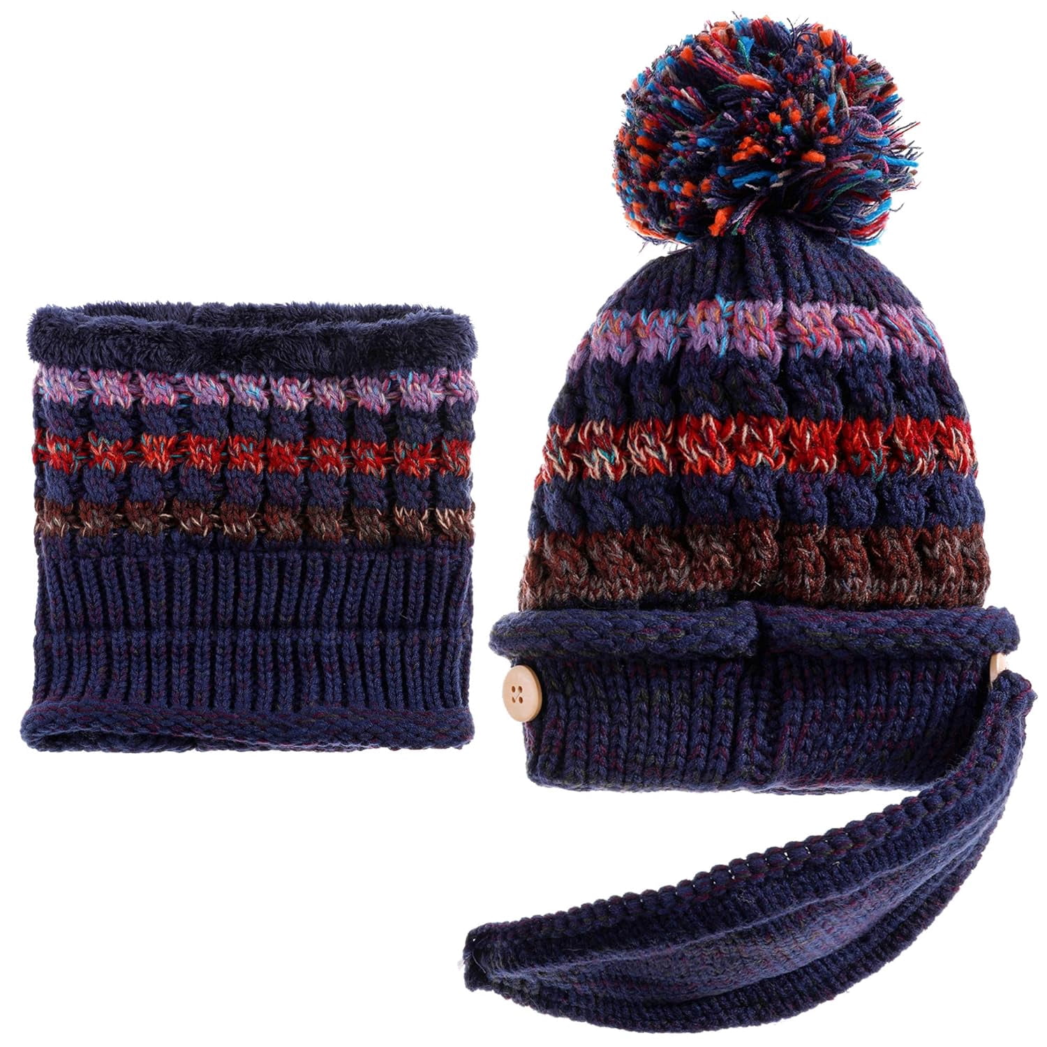 Women Dark Blue Pompom Long Ear Straps Beanie Warm Fleece Lined Ski Hats Cap Women main image 3