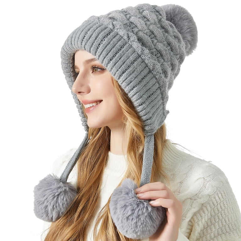 Women Grey Winter Sherpa Beanie Hats Knit Ear Flaps Peruvian Cover Ears Women Winter Sherpa Beanie Hats Knit Ear Flaps Peruvian  main image 2