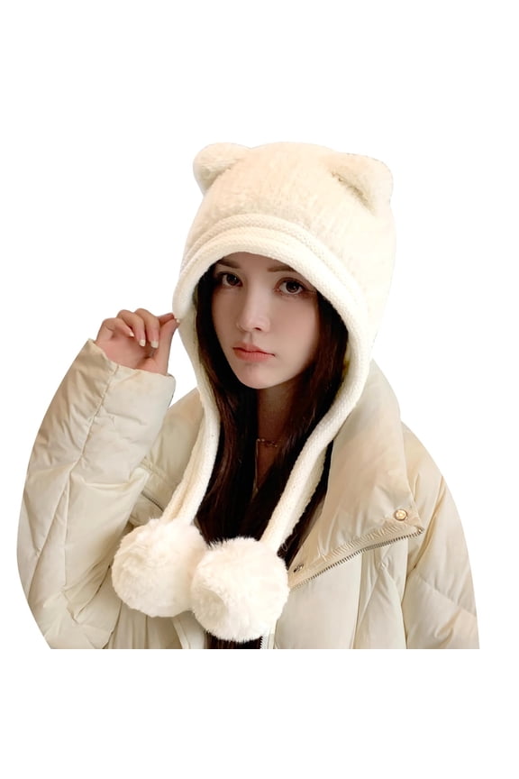 Women Winter Sherpa Beanie Hats Knit Ear Flaps Peruvian Cover Ears Fleece Lined Fluffy Ski Snow Hat 3 Pompoms