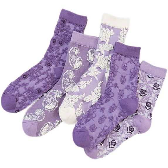 Holzlrgus Women's Cute Vintage Floral Patterned Cotton Crew Socks Teen Girls Korean Kawaii Fancy Dress Socks