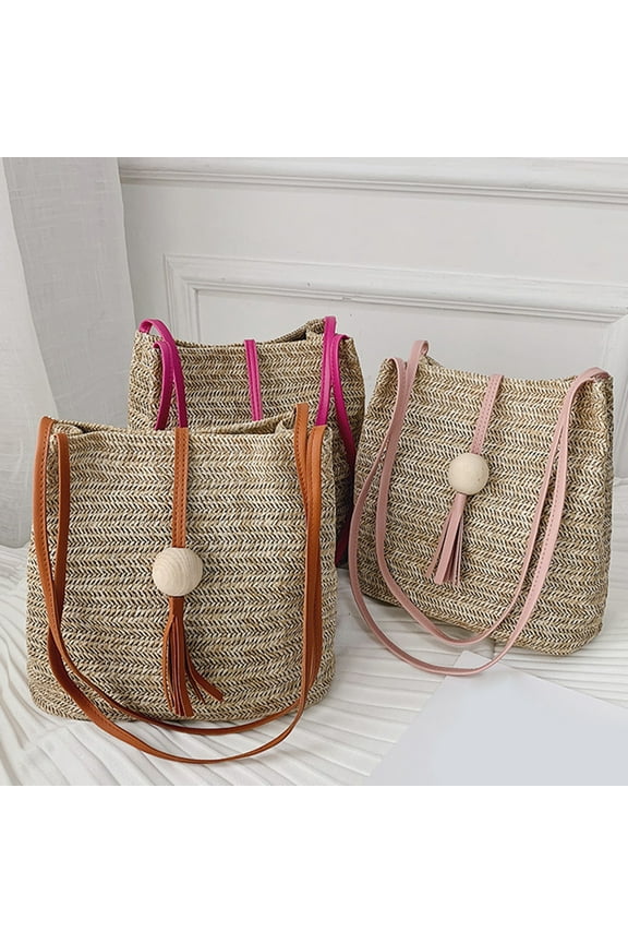 Women's Straw Woven Tote Bag - Large Handmade Beach Shoulder Bag with Wooden Ball Tassel, Perfect for Summer