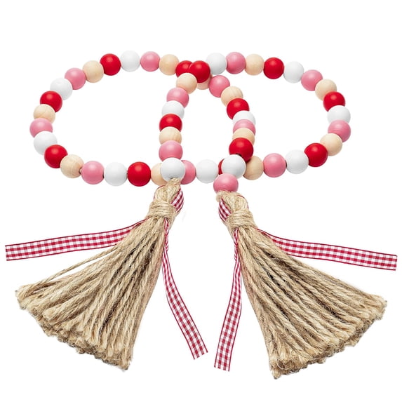 Holzlrgus Wood Beads, 41 Inch Wood Bead Garland Tassel Heart Tassel Garland Farmhouse Rustic Natural Wood Beads with Jute Rope Plaid Tassel Beads Décor for Party Gift