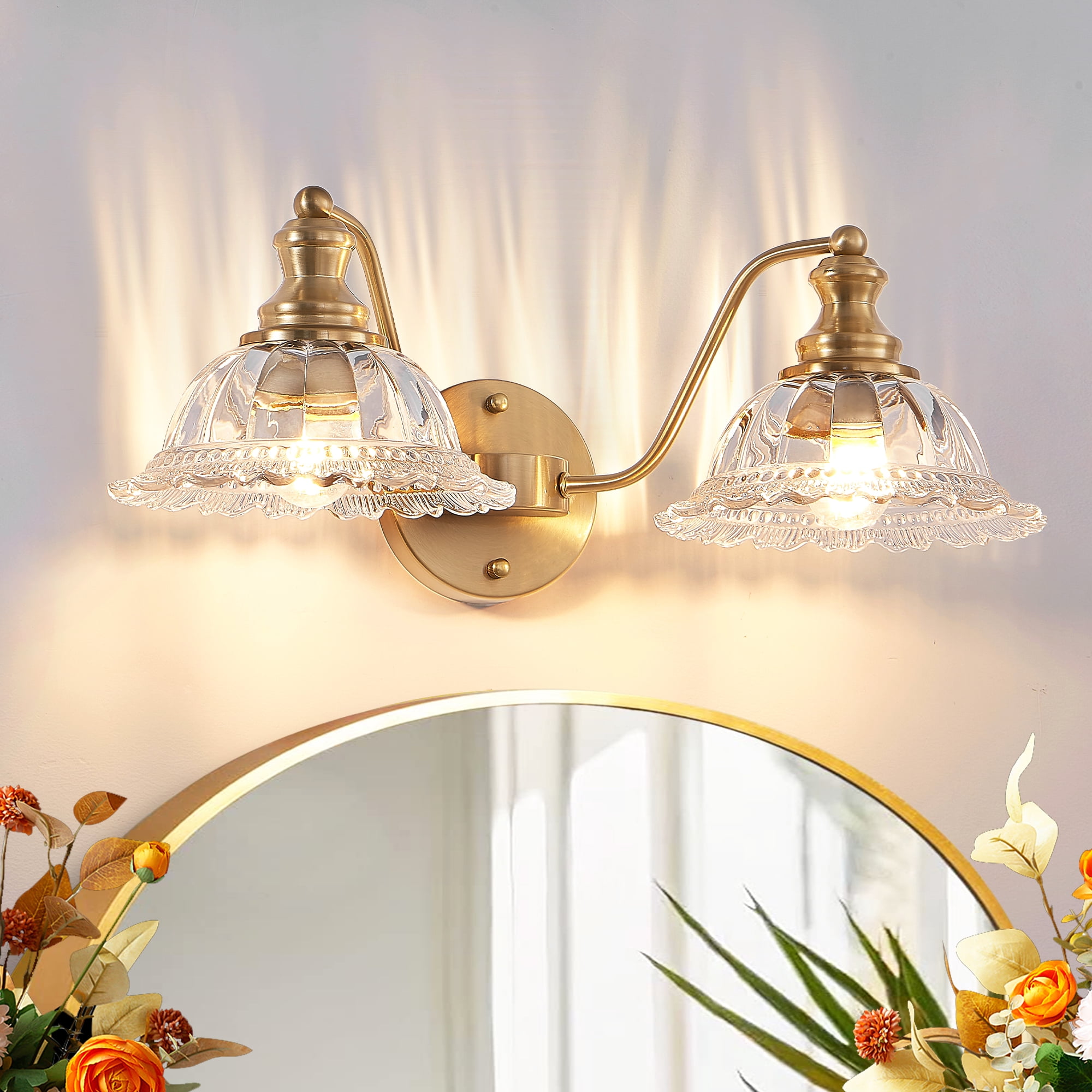 HomArltek 20 Inch Gold 2-Light Vintage Bathroom Wall Sconce – Elegant Gold Metal and Glass Lampshade Vanity Light Fixture for Bathroom, Hallway, or Bedroom (Bulb Not Included)