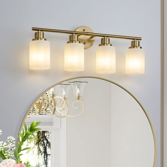 HomArltek Modern Vanity Light, 24" 4-Light Wall Sconce with Frosted White Glass Shades and Iron E26 Base, Contemporary Bathroom Lighting Fixture for Mirror Bedroom Dressing Room Hallway, Coppery