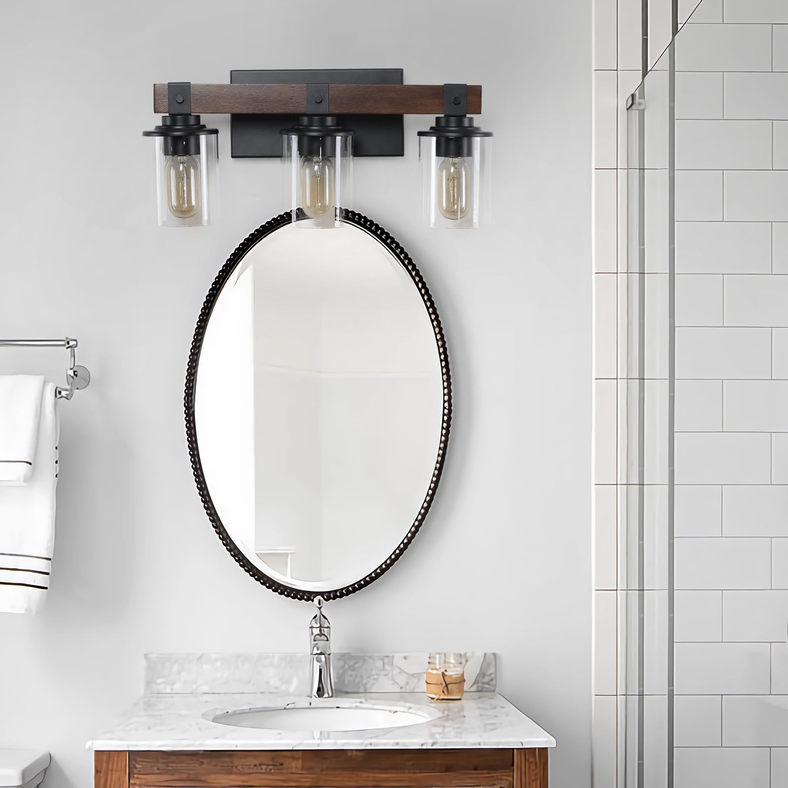 HomArltek Rustic Vanity Light, 19" 3-Light Wall Mount Lamp with Glass Shades, Farmhouse Wall Sconce with Wood Accent, Industrial Lighting Fixture for Bathroom Mirror Vanity Hallway, E26 Base
