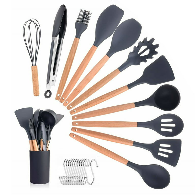 HomChum 12 Piece Silicone and Stainless Steel Kitchen Cooking & Serving  Utensil Set, with 10 Pcs Hooks(Gift), Black