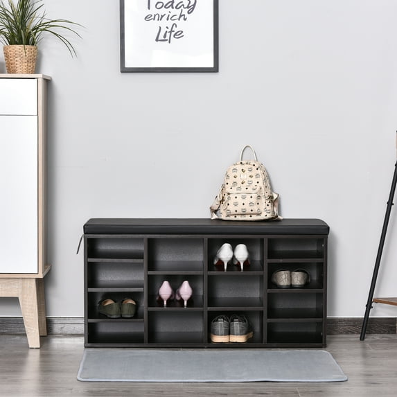 HomCom Upholstered Shoe Entryway Bench Rack with Comfortable PU Cushion Bench & Flexible Shelving Options, Brown