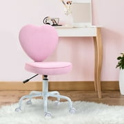 HOMCOM Cute Desk Chair with Heart Shaped Back, Armless Comfy Vanity Chair with Wheels for Bedroom, Reading Room, Pink