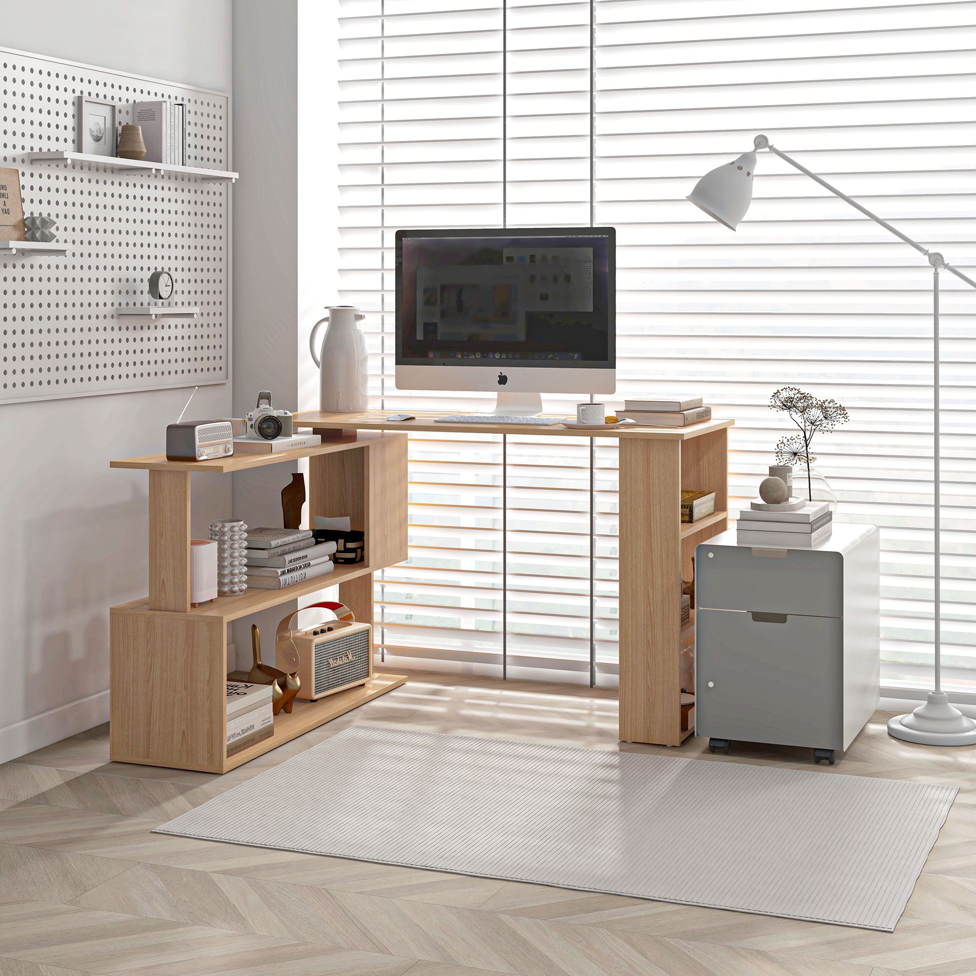 Modern Maple L-Shaped Rotating Corner Desk with Shelves