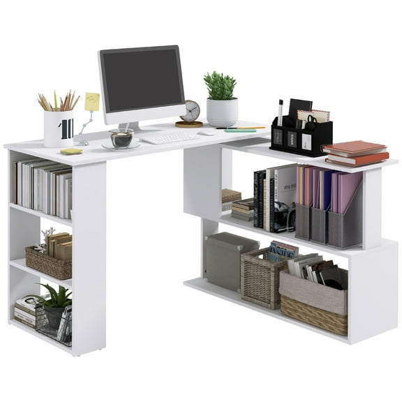 HomCom 360° Rotating Home Office Corner Desk and Storage Shelf Combo Modern L Shaped Rotating Computer Desk with Bookshelves