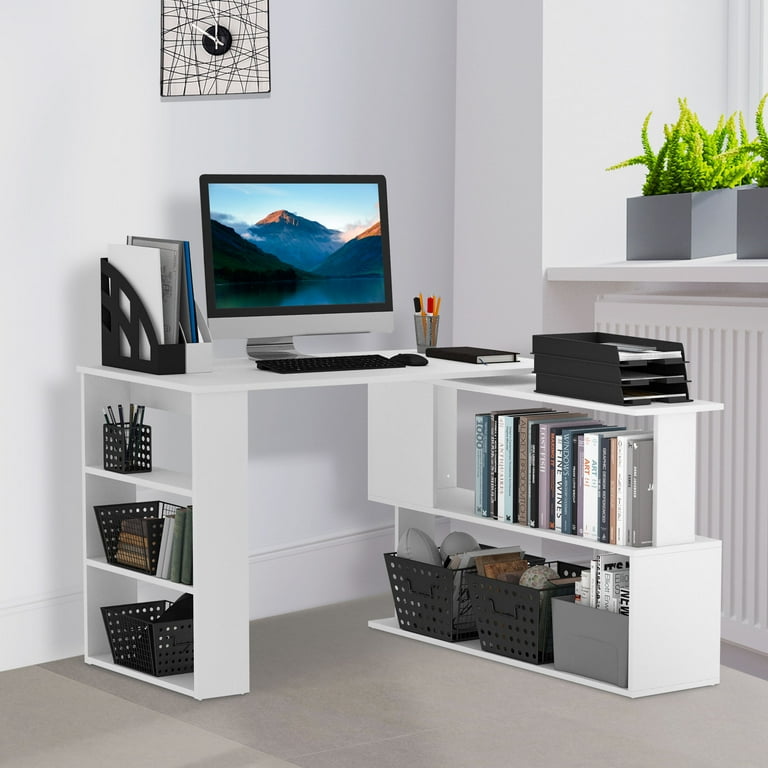 Homcom 360 Rotating Home Office Desk L Shaped Corner Computer Desk with Storage Shelves Writing Table Workstation White