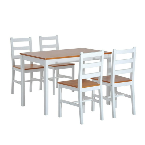HomCom 5 Piece Solid Pine Wood Table and High Back Chair Dining Set - White/Natural Wood