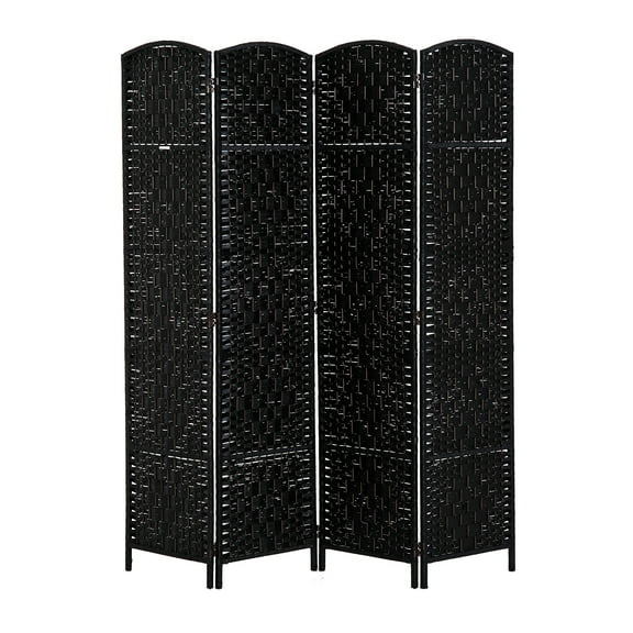 HomCom 6' Tall Wicker Weave 4 Panel Room Divider Privacy Screen - Black Wood