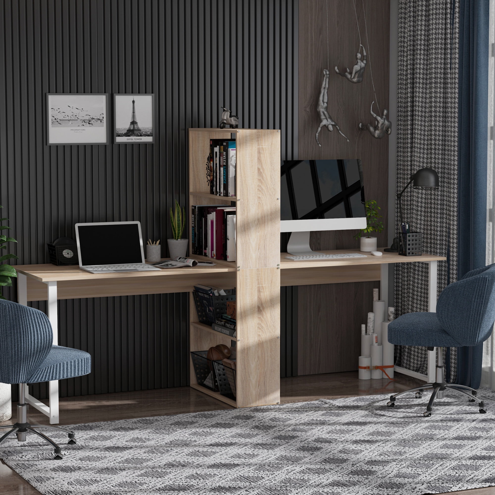 Homcom 88 Extra Long 2 Person Computer Desk with Bookshelf Combo Double Workstation Storage Unit Home Office Natural Wood